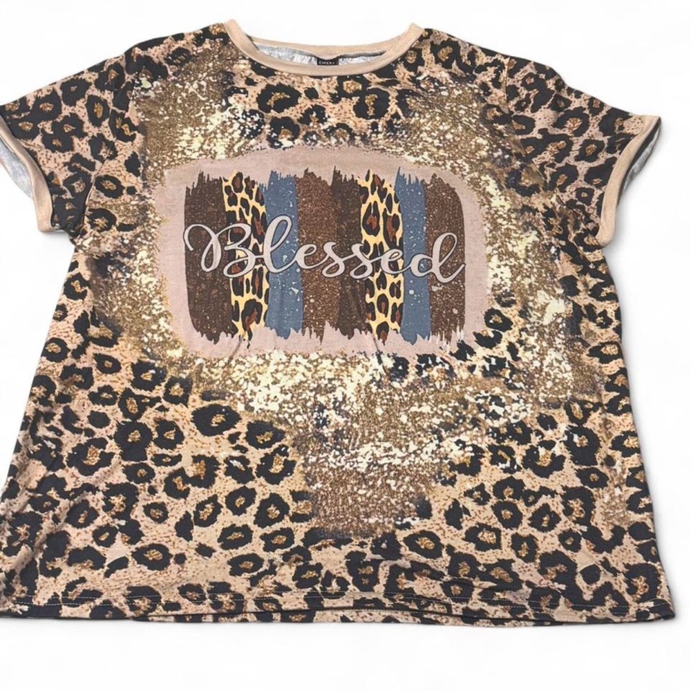 Leopard Print 'Blessed' Tee - Tan and Blue